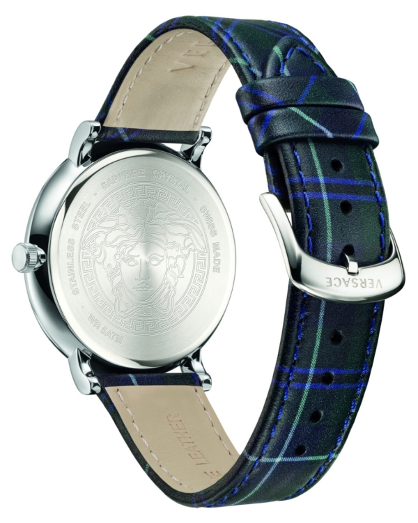 VERSACE V-CIRCLE STAINLESS STEEL BLUE-GREEN LEATHER STRAP