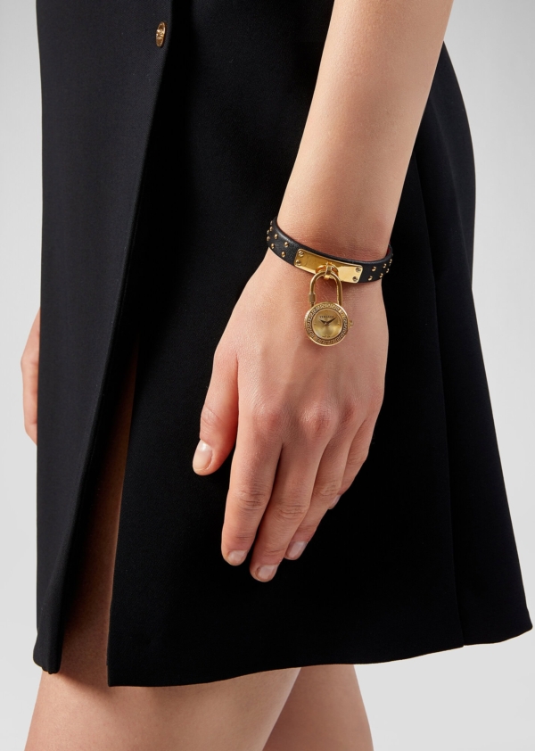 VERSACE MEDUSA LOCK ICON GOLD STAINLESS STEEL WITH BLACK,RED LEATHER STRAP
