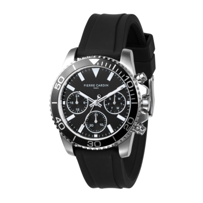 PIERRE CARDIN NATION POSH RUBBER STRAP CHRONOGRAPH STAINLESS STEEL BLACK DIAL