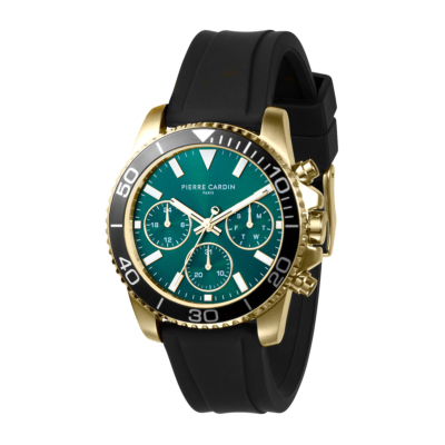 PIERRE CARDIN NATION POSH RUBBER STRAP CHRONOGRAPH GOLD STAINLESS STEEL GREEN DIAL