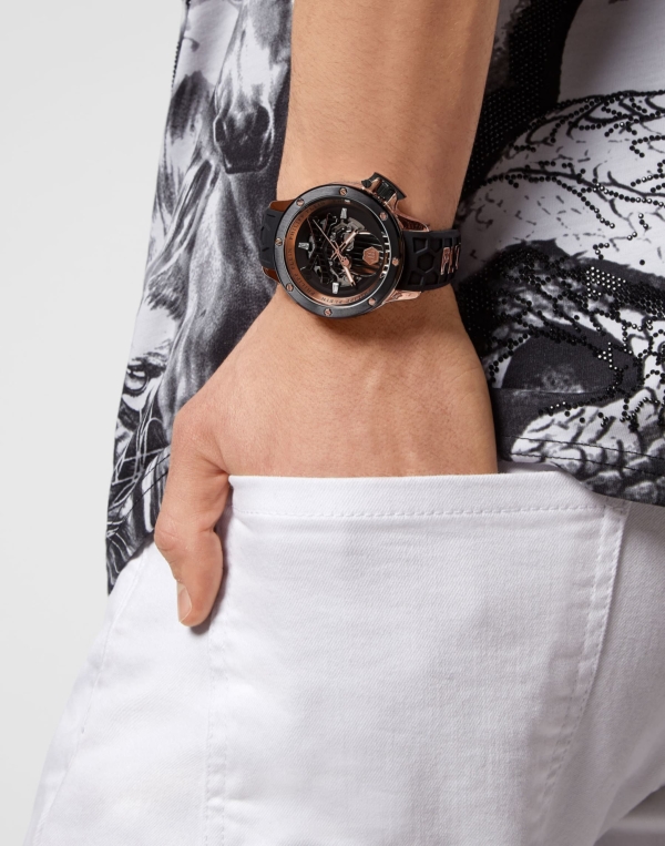 PHILIPP PLEIN RICH AUTOMATIC ROSE GOLD STAINLESS STEEL BLACK SILICON STRAP