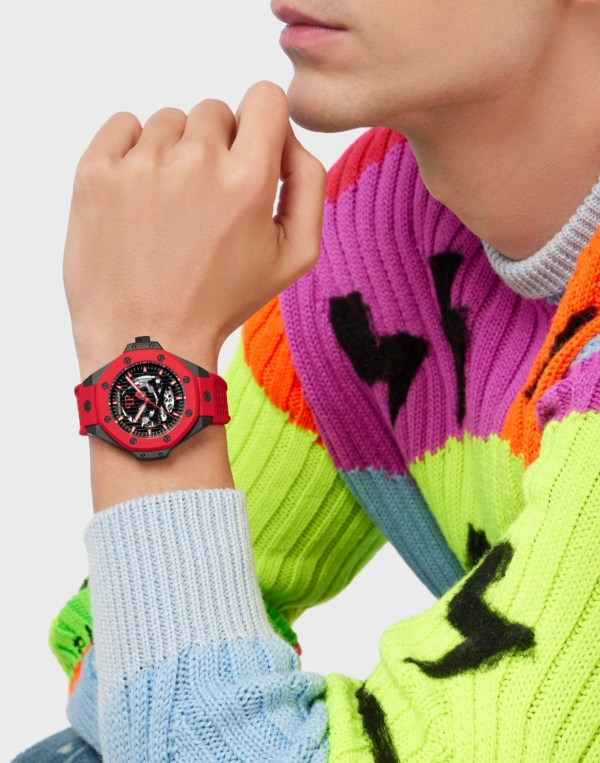 PHILIPP PLEIN SKELETON ROYAL RED SILICON STRAP