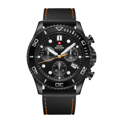 SWISS MILITARY BY CHRONO CHRONOGRAPH BLACK STAINLESS STEEL BLACK STRAP WITH ORANGE