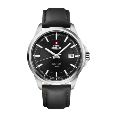 SWISS MILITARY BY CHRONO STAINLESS STEEL BLACK LEATHER STRAP