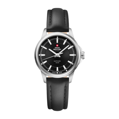 SWISS MILITARY BY CHRONO STAINLESS STEEL BLACK LEATHER STRAP