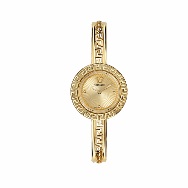 VERSACE GRECA PENDANT WITH DIAMONDS GOLD STAINLESS STEEL BRACELET WITH LEATHER STRAP