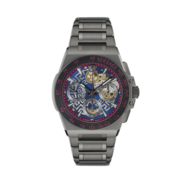 VERSACE GRECA EXTREME CHRONO SKELETON GUN METAL BRACELET, LIMITED EDITION