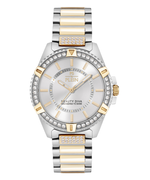 PLEIN SPORT BEAUTY DIVA 40MM TWO TONES STAINLESS STEEL CASE WITH CRYSTALS, WHITE SILVER DIAL WITH TWO TONES STAINLESS STEEL BRAC