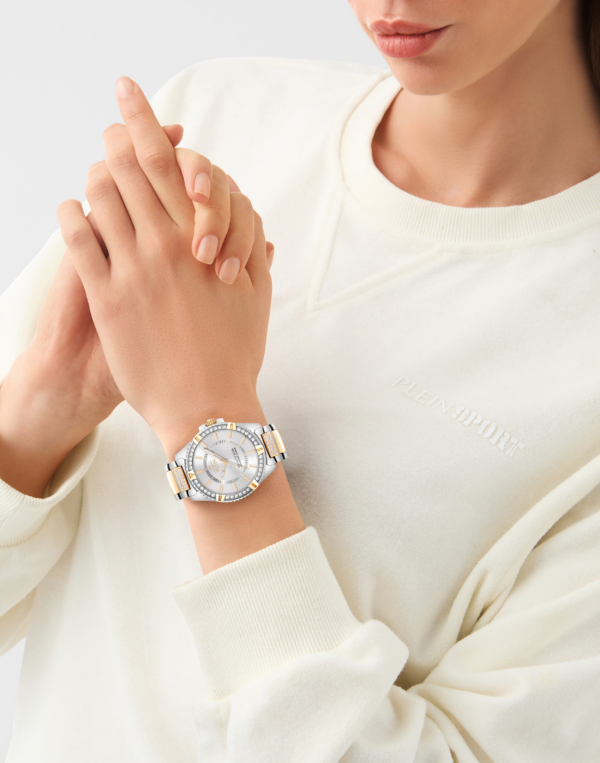 PLEIN SPORT BEAUTY DIVA 40MM TWO TONES STAINLESS STEEL CASE WITH CRYSTALS, WHITE SILVER DIAL WITH TWO TONES STAINLESS STEEL BRAC