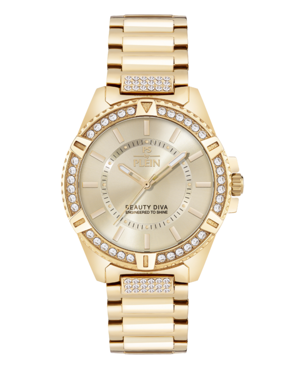 PLEIN SPORT BEAUTY DIVA 40MM GOLD STAINLESS STEEL CASE WITH CRYSTALS, CHAMPAGNE DIAL WITH GOLD STAINLESS STEEL BRACELET