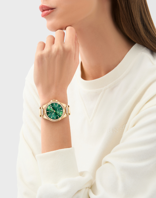PLEIN SPORT BEAUTY DIVA 40MM GOLD STAINLESS STEEL CASE WITH CRYSTALS, GREEN DIAL WITH GOLD STAINLESS STEEL BRACELET