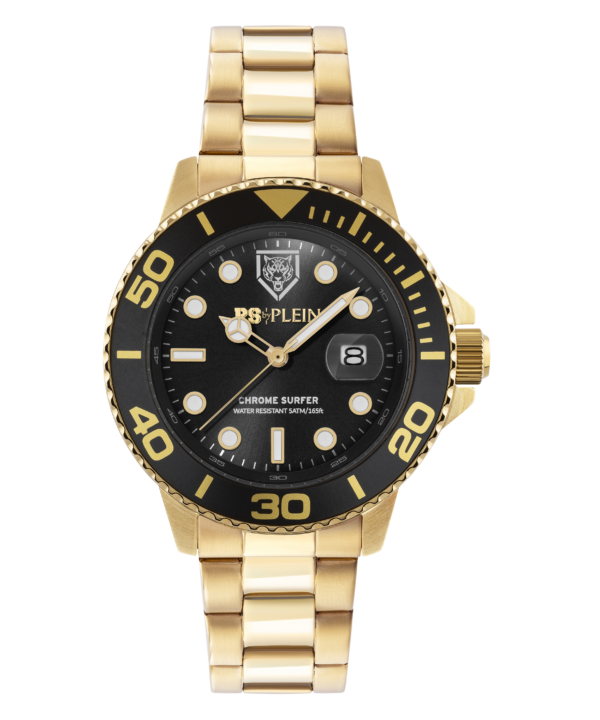 PLEIN SPORT CHROME SURFER 43MM BLACK DIAL WITH GOLD STAINLESS STEEL BRACELET