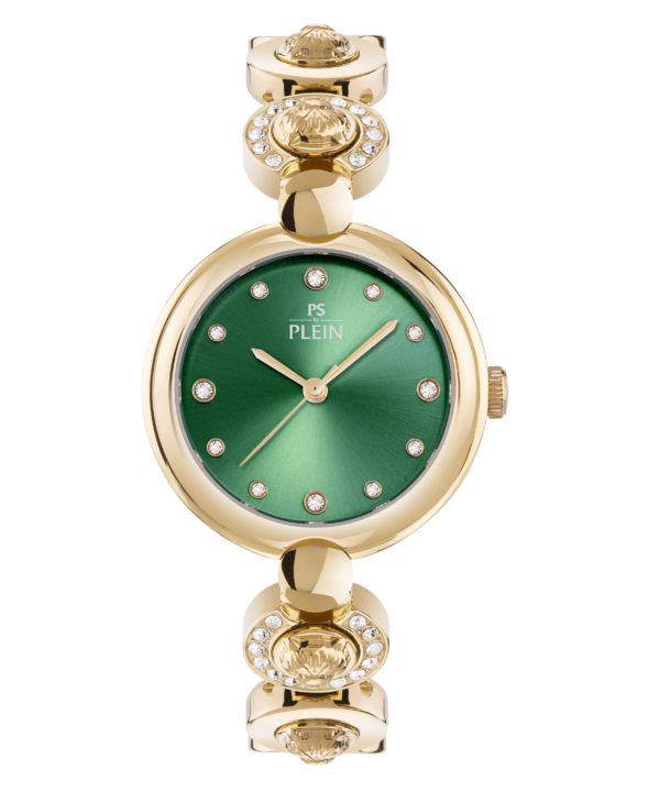 PLEIN SPORT REBEL 32MM GREEN CRYSTAL DIAL WITH GOLD STAINLESS STEEL BRACELET