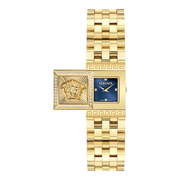 VERSACE REVEAL PRECIOUS 25X18MM GOLD STAINLESS STEEL CASE WITH DIAMONDS, BLUE SECRET DIAL WITH GOLD STAINLESS STEEL BRACELET & N