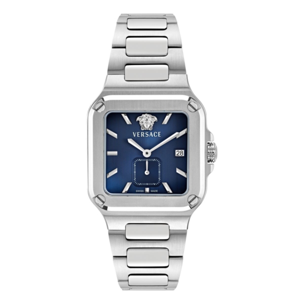 VERSACE GRECA EDGE GENT 38X49.5MM BLUE GUILLOCHE DIAL WITH STAINLESS STEEL BRACELET