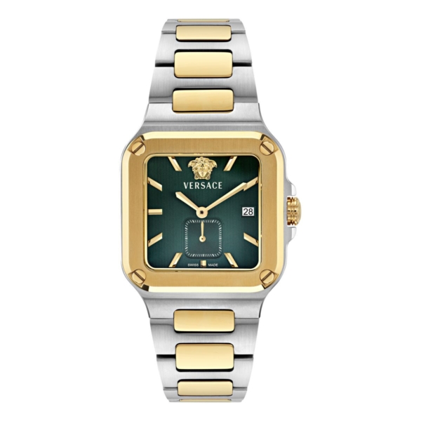 VERSACE GRECA EDGE GENT 38X49.5MM GREEN GUILLOCHE DIAL WITH TWO TONES STAINLESS STEEL BRACELET