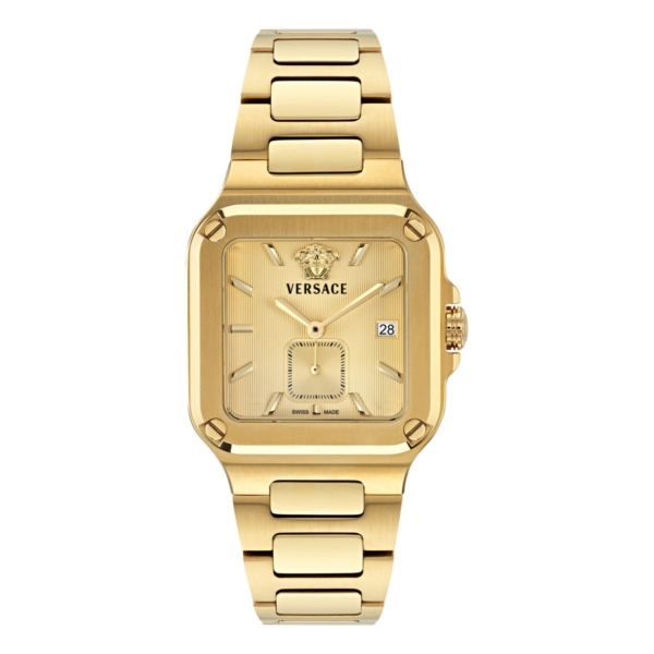 VERSACE GRECA EDGE GENT 38X49.5MM GOLD TONE GUILLOCHE DIAL WITH GOLD STAINLESS STEEL BRACELET