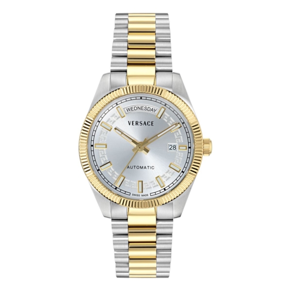 VERSACE MILLENYIUM AUTOMATIC 40MM WHITE SILVER SUNRAY DIAL WITH TWO TONES STAINLESS STEEL BRACELET