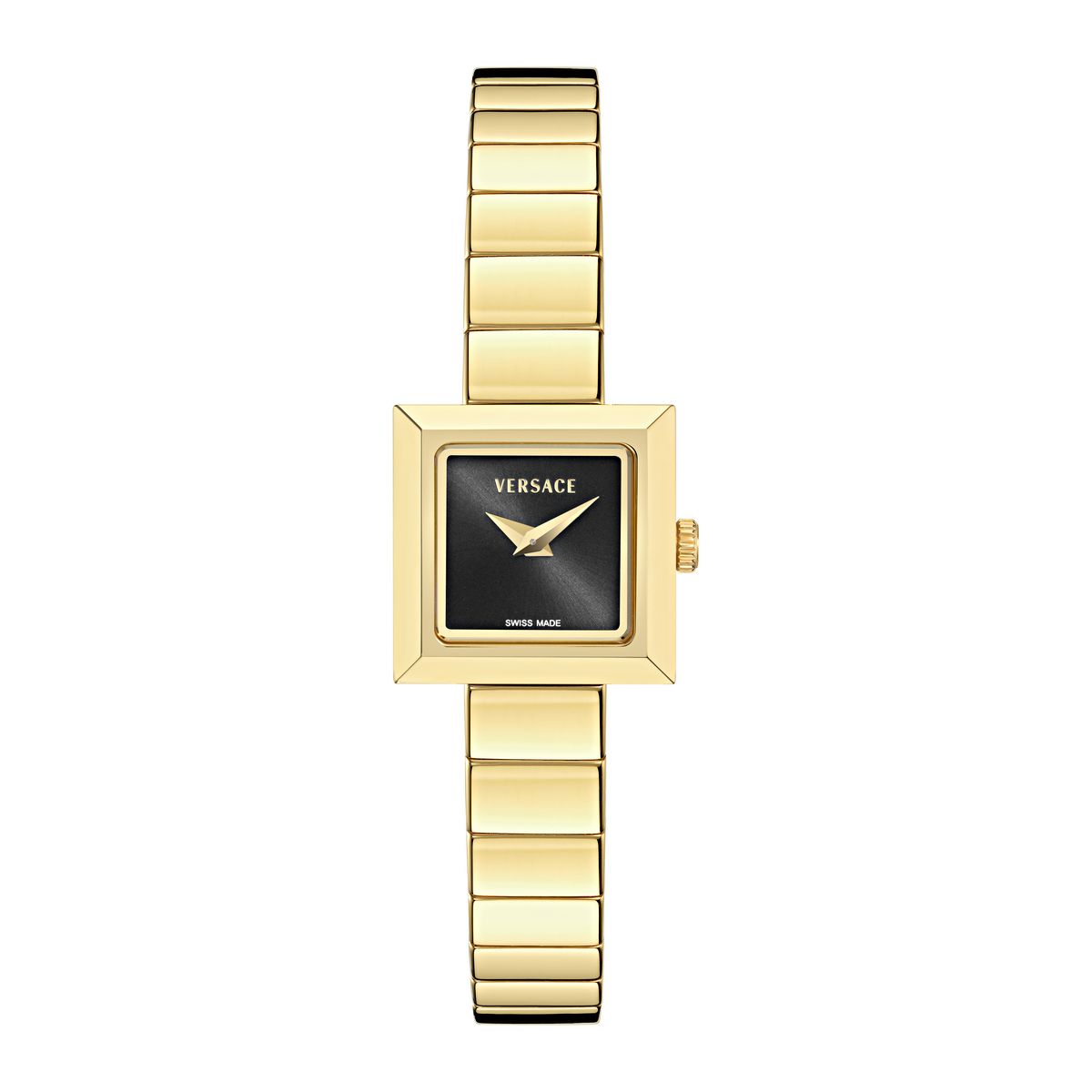 VERSACE V_SQUARE PETITE 18X18MM BLACK SUNRAY DIAL WITH GOLD STAINLESS STEEL BRACELET