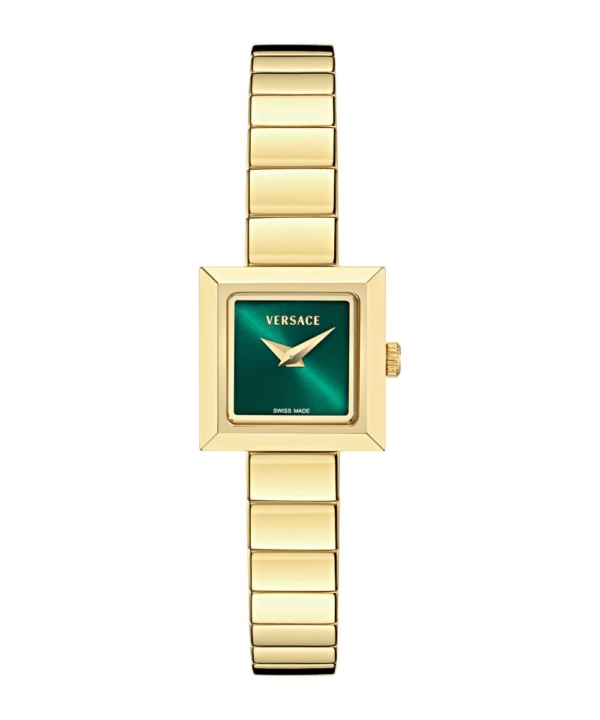 VERSACE V_SQUARE PETITE 18X18MM GREEN SUNRAY DIAL WITH GOLD STAINLESS STEEL BRACELET