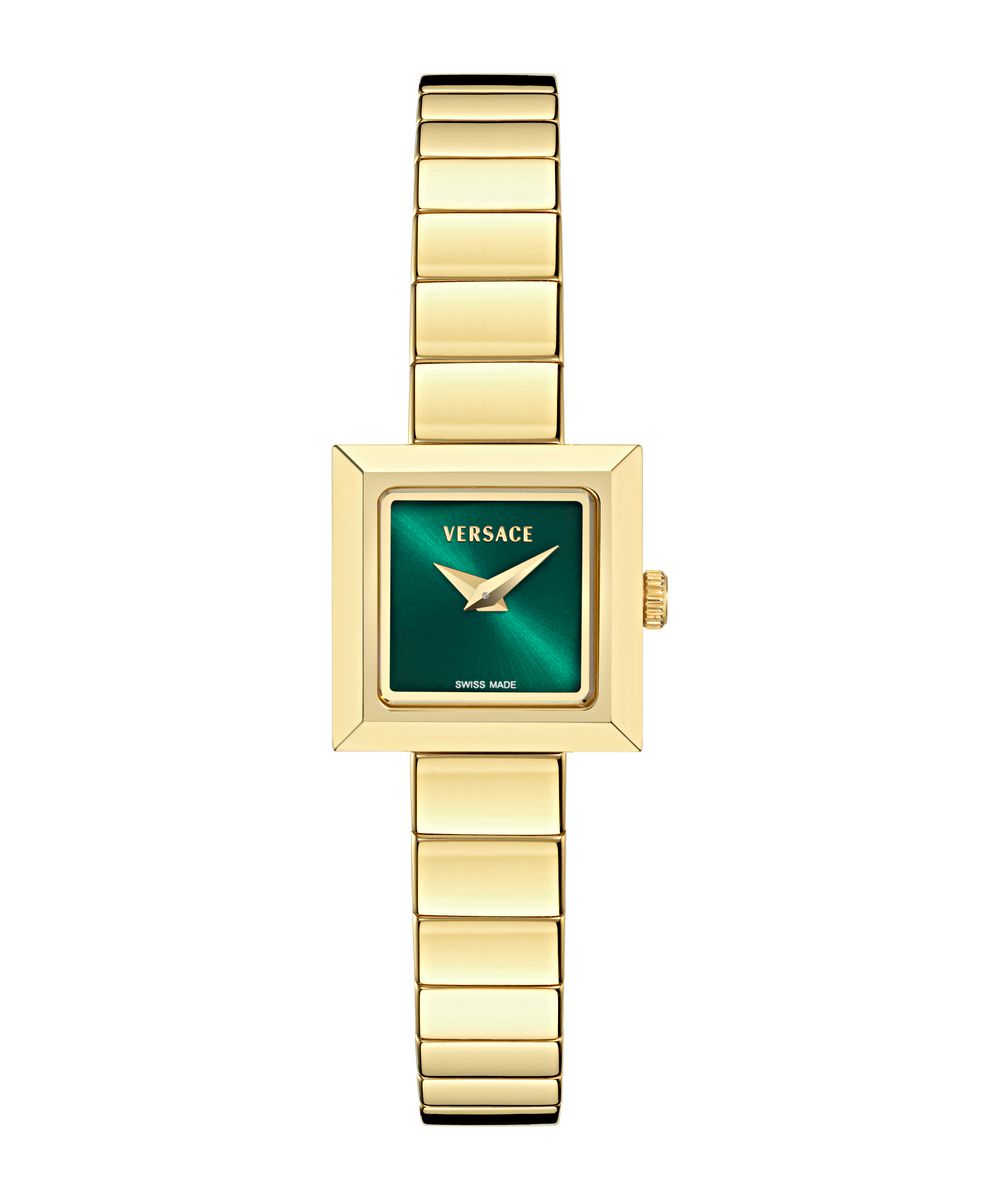 VERSACE V_SQUARE PETITE 18X18MM GREEN SUNRAY DIAL WITH GOLD STAINLESS STEEL BRACELET