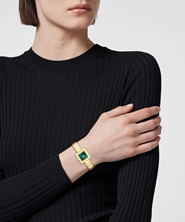 VERSACE V_SQUARE PETITE 18X18MM GREEN SUNRAY DIAL WITH GOLD STAINLESS STEEL BRACELET