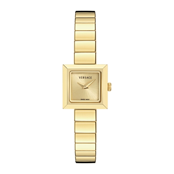 VERSACE V_SQUARE PETITE 18X18MM GOLD TONE SUNRAY DIAL WITH GOLD STAINLESS STEEL BRACELET
