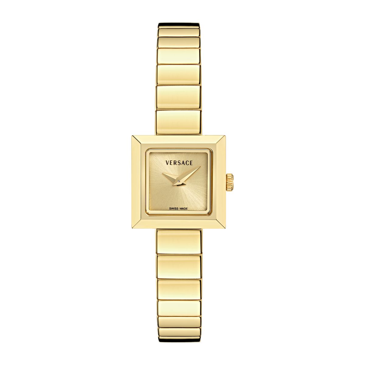 VERSACE V_SQUARE PETITE 18X18MM GOLD TONE SUNRAY DIAL WITH GOLD STAINLESS STEEL BRACELET